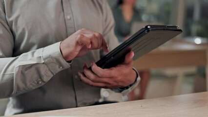 Aufkleber - Businessman, hands and tablet in research, social media or online networking at the office. Closeup of man or employee working on technology in communication, search or browsing by desk at workplace
