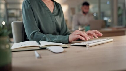 Canvas Print - Planning, computer and hands of business person in office for research, website and email. Communication, technology and keyboard with closeup of employee typing for networking, internet and online