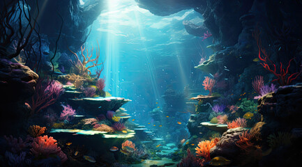 Sticker - Underwater landscape with corals and tropical fish. 3D illustration. created by generative AI technology.