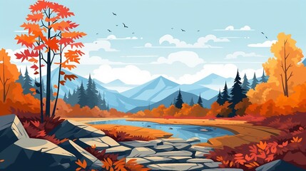 Canvas Print - An illustration of an autumn landscape with river mountains and trees AI Generated