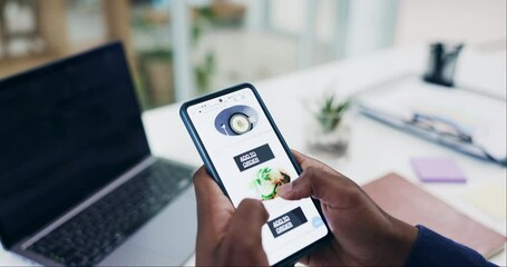 Poster - Hands, phone screen and scroll, food menu online with online shopping and delivery service, worker with choice in office. Decision, ecommerce and person on app, restaurant website and UI with catalog