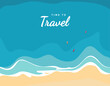 Top view of the sea reaching the coastline, small boats, time to travel, vector illustration