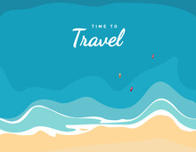 Top View Of The Sea Reaching The Coastline, Small Boats, Time To Travel, Vector Illustration