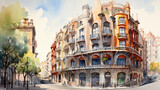 Fototapeta Uliczki - Watercolor barcelona architecture sketch generative