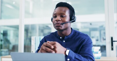 Aufkleber - Black man, callcenter and phone call, laptop and CRM, conversation and contact us with advice at office. Customer service consultant, headset and mic, smile and online, help desk and communication