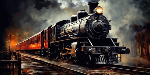 Wall Mural - illustration of an ancient steam locomotive, generative AI