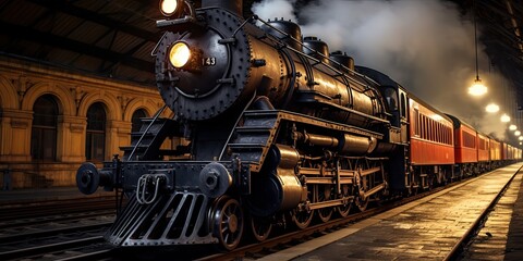 Wall Mural - illustration of an ancient steam locomotive, generative AI