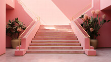Pink Staircase With Golden Metallic Rails Close Up, Sunny