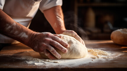 Beautiful and strong mens hands knead the dough make bread, pasta or pizza. Powdery flour flying into air. chef hands with flour in freeze motion of cloud of flour midair