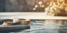 Calm Scene Of Flowers And Candles At The Pool Of A Luxury Spa Resort, Concept Of Mindfulness