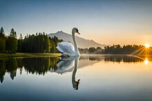 White Swan On A Green Pond At Sunset