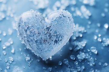 Icy heart. Frozen heart. Heart made of ice. Heart-shaped ice crystals on a blue background. Heart of ice on bokeh background. Valentine's day concept.
