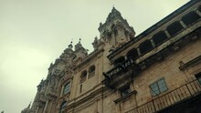 Low Angle Shot Of Santiago De Compostela Cathedral In A Rainy Day