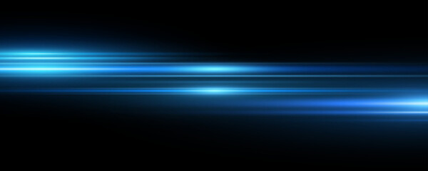 Wall Mural - Abstract horizontal light effect on black background. Bright blue lens flare. Vector illustration.