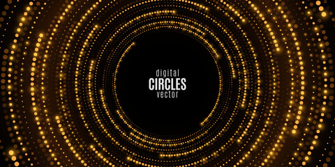 Poster - Digital circles of golden glowing dots. Big Data visualization into cyberspace with swirl energy. Modern futuristic background. Vector illustration.