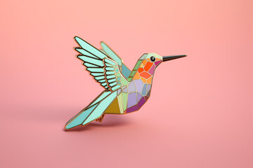 Poster - A pastel-colored geometric-inspired hummingbird enamel pin with geometric shapes and pastel colors, representing grace and agility.  Generative AI technology.