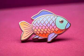 Poster - A pastel-colored geometric-themed fish enamel pin with geometric scales and pastel colors, serving as a stylish accessory or collectible item. Generative AI technology.