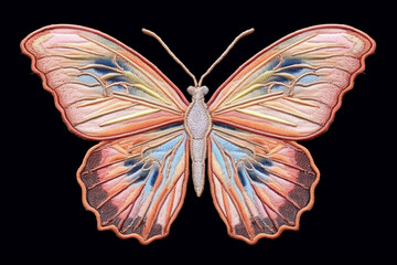 Aufkleber - A pastel-colored geometric-themed butterfly embroidery patch with intricate geometric stitches and soft pastel colors, Generative AI technology.