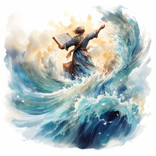 Watercolor Illustration Of Moses Parting The Water. Moses With A Book In His Hands