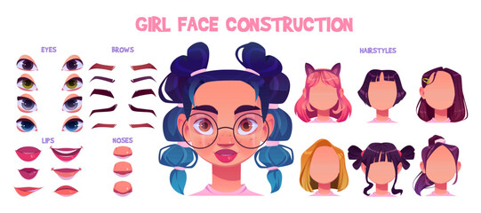 Girl character face avatar construction for animation. Isolated female mouth, brow, lips, nose and hairstyle set to create young person. Generator for lady with brunette ponytail or blue kanekalon