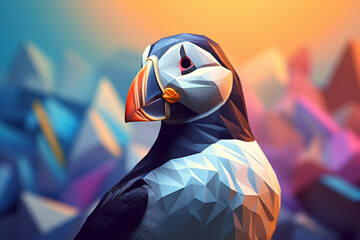 Poster - A pastel-colored geometric-themed Puffin illustration with angular shapes and delicate pastel shades, capturing the wisdom and grace of this majestic bird. Generative AI technology.