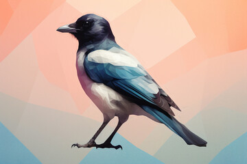 Poster - A pastel-colored geometric-themed Magpie illustration with angular shapes and delicate pastel shades, capturing the wisdom and grace of this majestic bird. Generative AI technology.