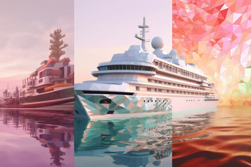 Aufkleber - A pastel-colored geometric-style ship artwork with intricate geometric shapes and soft pastel hues, showcasing the beauty of nature in a modern design.  Generative AI technology.