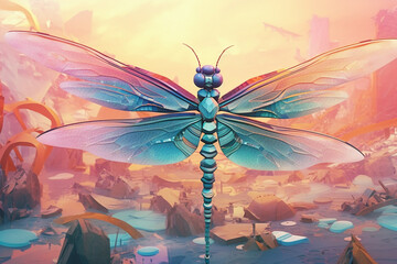 Aufkleber - A pastel-colored geometric-style Dragonflies artwork with intricate geometric shapes and soft pastel hues, showcasing the beauty of nature in a modern design. Generative AI technology.