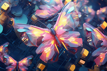 Leinwandbilder - A pastel-colored geometric-style Fireflies artwork with intricate geometric shapes and soft pastel hues, showcasing the beauty of nature in a modern design. Generative AI technology.