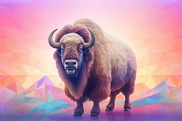 Wall Mural - A pastel-colored geometric-style Muskox artwork with intricate geometric shapes and soft pastel hues, showcasing the beauty of nature in a modern design. Generative AI technology.