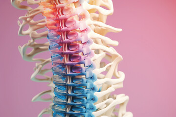 Poster - An anatomical model of the human spine in a geometric-inspired style, with interlocking geometric shapes and soothing pastel hues, capturing the elegance. Generative AI technology.