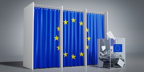 Canvas Print - European Union - voting booths with a flag and ballot box - 3D illustration