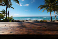 Wooden Table Top On Tropical Beach With Palm Trees And Blue Sky