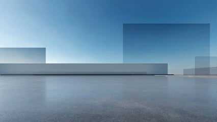 Aufkleber - 3d render of abstract futuristic glass architecture with empty concrete floor.