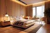 Fototapeta  - Modern, pale colors bedroom. Close up details of contemporary design of bedroom with upholstery walls and wooden furniture..
