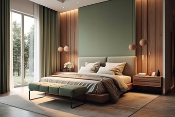 Modern, pale colors bedroom. Close up details of contemporary design of bedroom with upholstery walls and wooden furniture..
