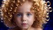 © AstralAngel - beauty child with cascading golden curls, azure eyes wide with wonder, sapphire background