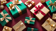 stack of holiday gift boxes wrapped in shimmering foil paper in hues of gold, emerald, and ruby