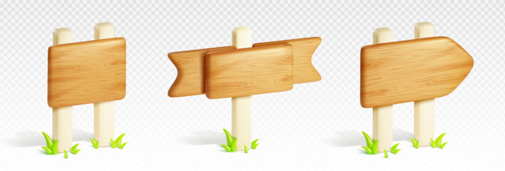 3d wood road sign post board direction vector. Wooden signboard pointer with white pole isolated icon set for game information or notice. Timber texture on billboard guide frame for destination label