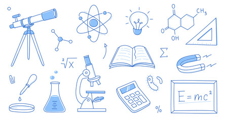 Wall Mural - Doodle science, education school icon. Hand drawn sketch style doodle science background. School chemistry, physics education, biology concept icon. Hand drawn line vector illustration.