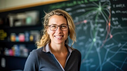 Canvas Print - A woman with glasses standing in front of a blackboard. Generative AI.