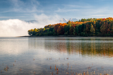 Wall Mural - Reflection of colorful trees in water of lake in Liptovska Mara, Slovakia