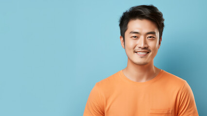 Chinese man in 20s, black hair, orange shirt