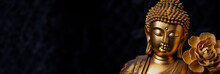 Detail To Face Of Golden Metal Tathagata Buddha Statue , Dark Background With A Place For Text