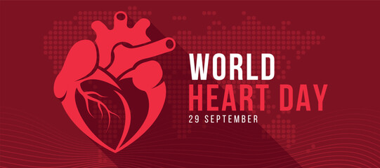 World heart day - Red heart human with heart shape symbol on dark red dot map world and lines curve texture background vector design