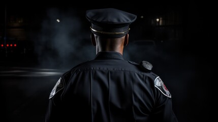 Back view of black policeman. Security law justice profession. Generative AI technology.