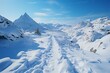 Hillside journey Snow covered footprints trace human climb amid serene snowy terrain Generative AI