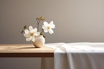 white flowers in a vase placed on a wooden table covered with a white tablecloth, interior decoratio