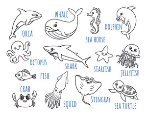 Wall Mural - Set of sea animals with titles. Dolphin, octopus, sea horse, sea ​​turtle, squid, stingray, jellyfish, shark. Cartoon animals for kids. Doodle. 