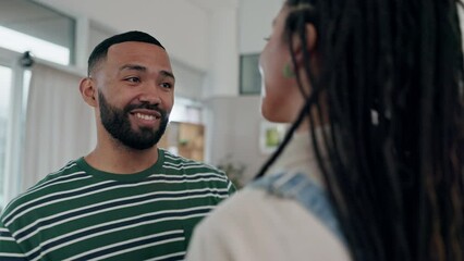 Poster - Happy, couple and dancing in home with love, care and relax together in conversation. Face of young man, woman and dance for freedom, celebrate anniversary and talking for support, trust and loyalty